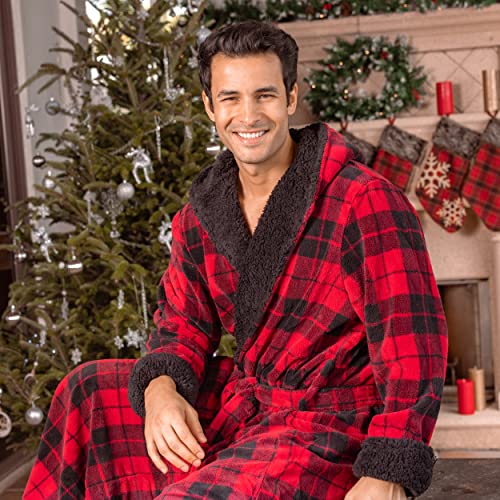 Alexander Del Rossa Men’s Robe, Big And Tall Plush Fleece Hooded Bathrobe With Two Large Front Pockets And Tie Closure, Black With Sherpa, Small-Medium #TOP2