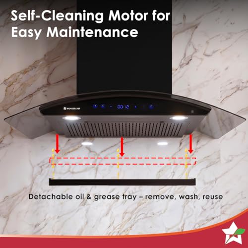 Image of Wonderchef Ultra Curve 90cm Filterless Auto-clean Kitchen Chimney with Oil Collector, BLDC Motor, Suction 1700 m3 /hr, Motion Sensor + Touch Control, 15-Yr Warranty on Motor & 5-Yr Comprehensive, Black