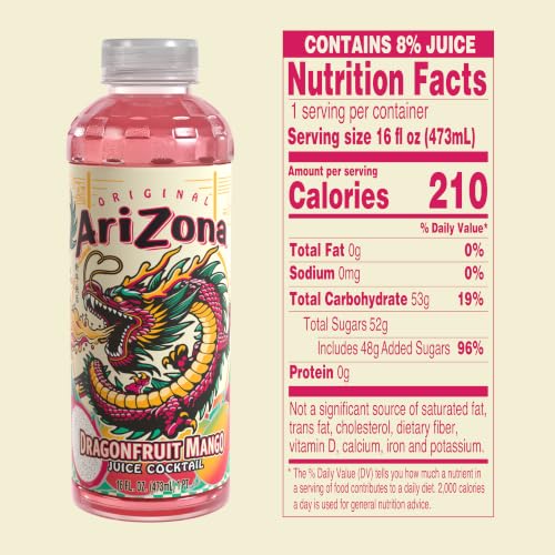 Image of AriZona Dragon Fruit Mango - Fruit Juice Cocktail - 16 Fl Oz (Pack of 12)