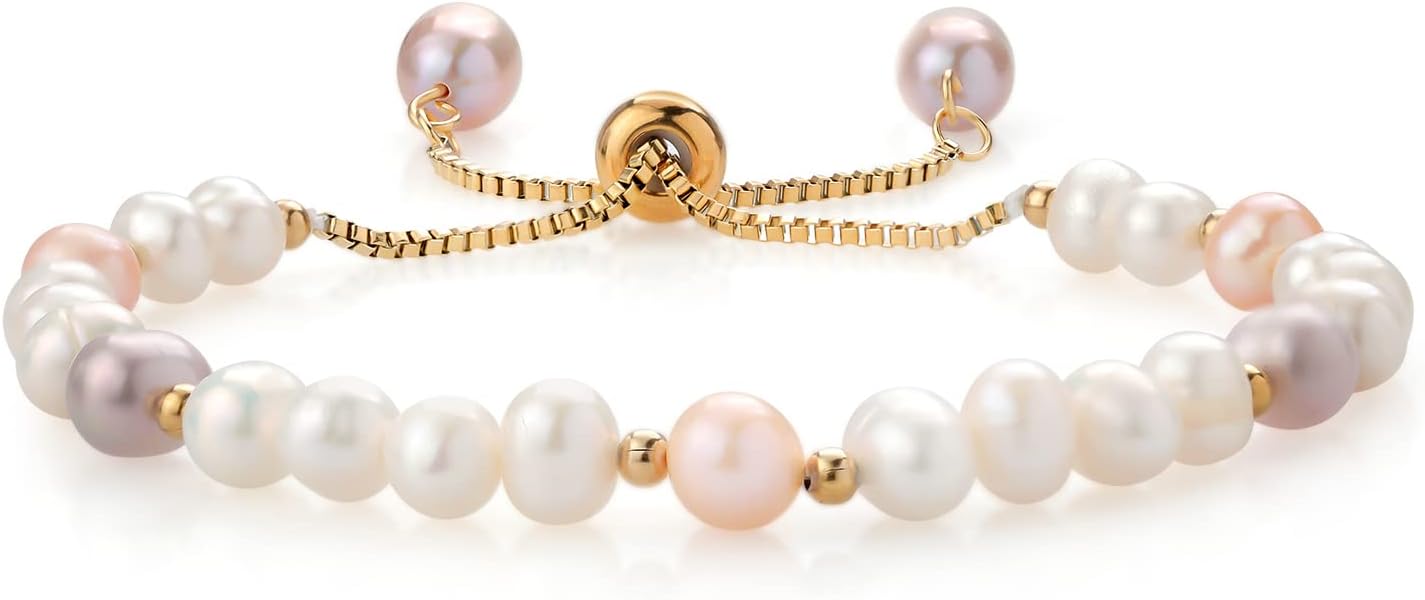 Gem Stone King Multicolor Cultured Freshwater Pearl Box Chain Yellow Gold Plated Tennis Bracelet For Women with Slider Clasp 9.5 Inch