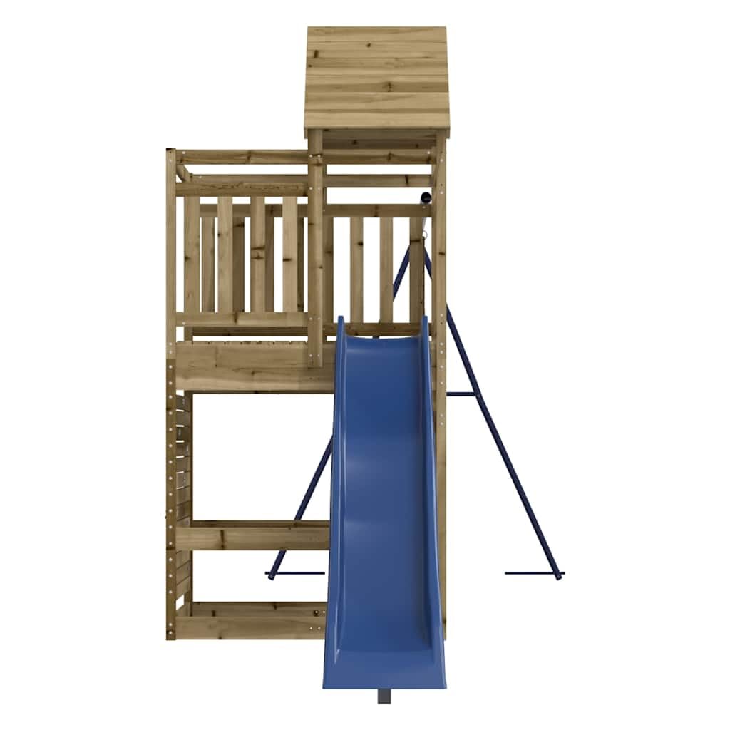 Aire de Jeu en Bois de pin imprégné pour extérieur Jardin avec Tour, balançoire Double, Toboggan ondulé, cabane et bac à Sable pour Enfants de 3 à 8 Ans, Structure Robuste et Stable