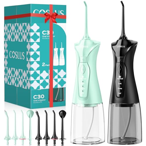 COSLUS 2-Pack C30 Water Flosser for Teeth: Water Dental Pick Set with Refined Packaging for Couples Friends, 3 Modes & 8 DIY Levels for Sensitive Gums & Braces, Ideal for Family Sharing, Black & Green