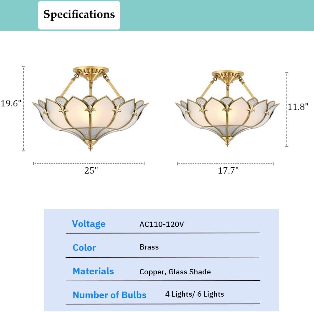 Petal Brass Semi-Flush Mount Ceiling Light, Elegant Frosted Glass Ceiling Light Fixture for Living Room Hall Bedroom, 6 Lights