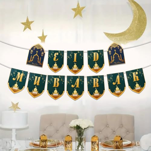 Eid Mubarak Banner, Green Gold Paper Rustic Ramadan Decorations Hanging Bunting with Letters Moon Castle Pattern, Muslim Party Decor Supplies for Home Mantel Fireplace Decor Indoor