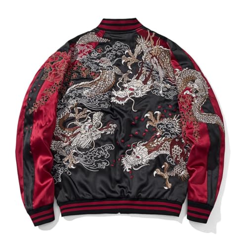 Reversible Dragon Embroidery Bomber Jacket Satin Full-Zip Streetwear Japanese Style Oversized Windbreaker Coat