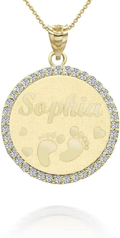 10K Yellow, White, or Rose Gold Diamond Studded Personalized Engravable Name Cute Footprint Baby Feet Necklace with Rolo Chain (G-H Color, SI1-SI2 Clarity) - Choice of Necklace Length