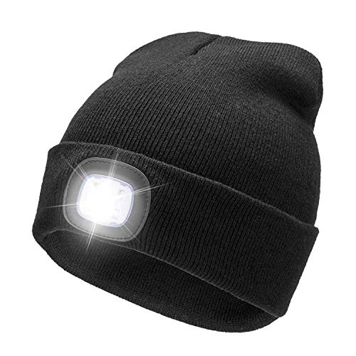 RFWIN LED Lighted Beanie Cap, USB Rechargeable 4 LED Headlamp, Unisex Knitted Hat with Light for Night Activities, Cycling, Camping, Hunting, Grilling, Running