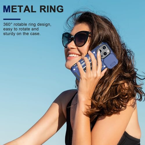 Image of Polycarbonate Back Cover Case Compatible for Apple iPhone 15 Pro with Slide Camera Cover & Rotated Ring Kickstand | Military Grade Mobile Phone Cover Case for Apple iPhone 15 Pro (Blue)
