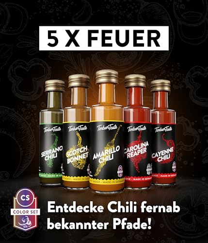 TIMBER TASTE® Chili Sauce Geschenkset [5 x 40ml] | Offroad Hot ones Soßen Geschenk Set | Geschenke für Männer & Frauen | Barbecuesauce, Currysauce, Mangosause | Chilli Saucen Gewürze