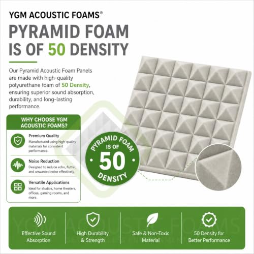 Image of YGM Acoustic Foams Pyramid Acoustic Panels 12″x12″x2″ Thick, Echo & Sound Absorption | Acoustical Sound Proof Foam for Room, Studio, Charcoal Black (Moon Grey (50 Density), Set of 12)