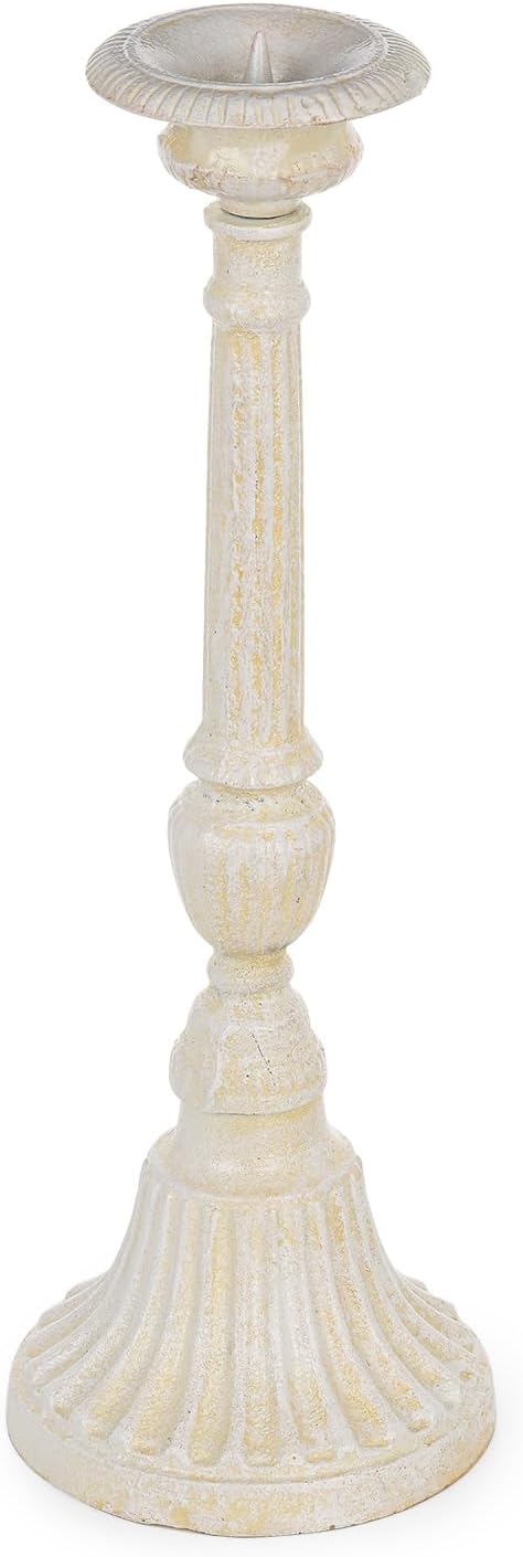 Sungmor Vintage Cast Iron Candlestick Holder,15.7 Inch Tall Distressed White Ornate Pillar Candle Holder,Rustic Decorative Candle Stand for Home,Farmhouse,Table Centerpiece Decor