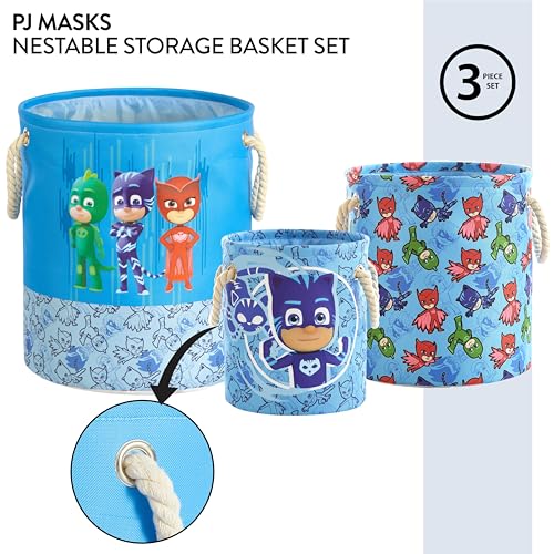 Image of PJ Mask 3 Piece Multi Size Fabric Nestable Toy Storage Basket Set, with Rope Carry Handles