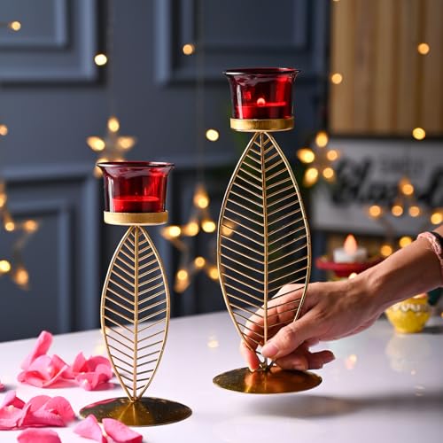 Image of Market99 (2 Votive) Leaf T- Lite Holder Set of 2 | Iron T-Light Holder with Leaf Shape & Red Color | Glossy Finish | Home Decor T-Light Holder | Decorative Item for Festive Season | Leaf Design