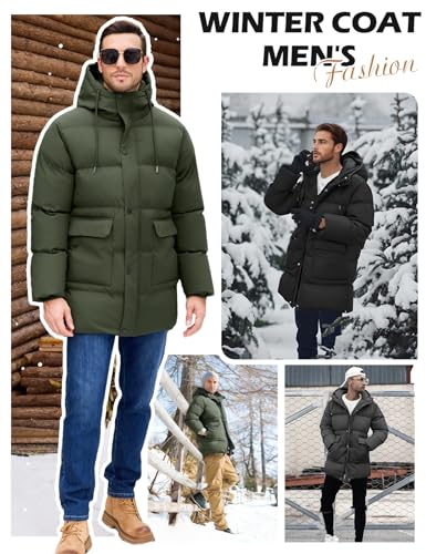 Xnova Winterjacke Herren Gefütterte Lang Steppjacke Bubble Jacket Winddicht Warme, Wasserabweisend Parka Mantel mit Kapuze (Grün, L)