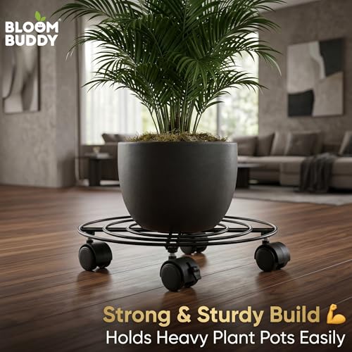 Image of Bloom Buddy Round Metal Plant Stand with Wheels 12 Inch | Heavy Duty Rolling Plant Caddy for Indoor Outdoor Pots | Movable Pot Holder for Balcony, Garden, Patio & Home (1 Pc)