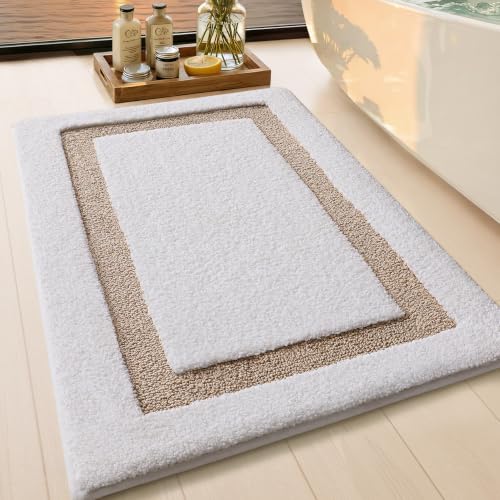 Image of Color&Geometry White Bathroom Rugs 36x24, Extra Soft Absorbent Microfiber Bath Rugs, Non-Slip Bathroom mats, Washable Plush Bath Mats for Bathroom, Shower, Bathtub, Laundry, White Beige