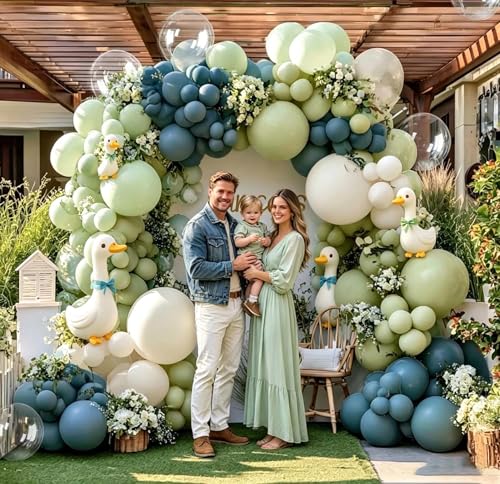 Blue Green Balloon Arch Kit Double Stuffed Dusty Light Green Slate Blue White Pastel Olive Balloon Garland with Clear Bobo for Baby Shower Bridal Wedding Birthday Gender Reveal Goose Party Decor — view 6
