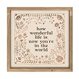 pechpell 11.8 Inch How Wonderful Life Is Now You're In The World Sign, Wooden Nursery Wall Decor, Boho Vintage Baby Girl Woodland Nursery Art Kids Room Table Shelf Decorations for Home Playroom