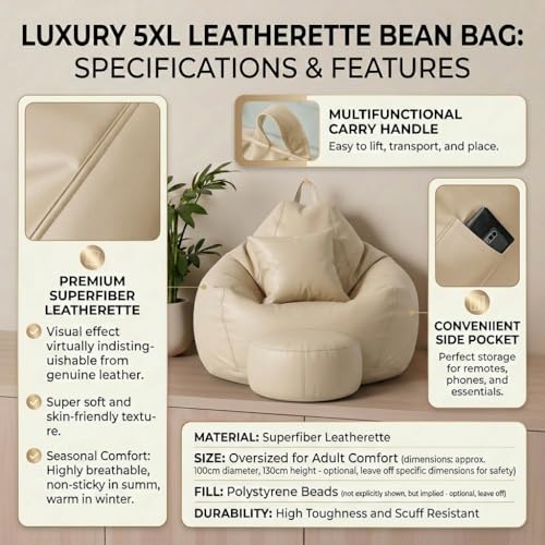 Image of KAM'S LIEU 5XL Bean Bag Combo with Footrest & Cushion | Filled with High Density EPS Beans | Comfortable Sofa for Living Room & Bedroom | 6 Months Warranty, Color- (Cream, 5XL, Classic)