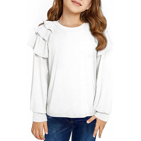DOKOTOO KIDS Long Sleeve Shirts for Girls Fashion Crewneck Ruffle Trim Blouses Tops Fall Outfits White 8-9 Years Cover