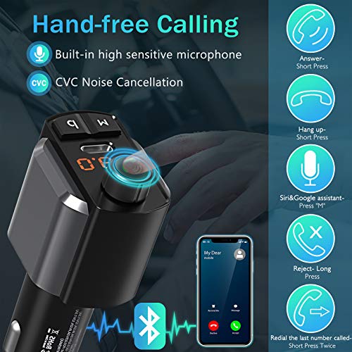 Transmissor FM LENCENT Bluetooth 5.0 para carro, QC 3.0 e Type-C PD 41W carregador adaptador de áudi