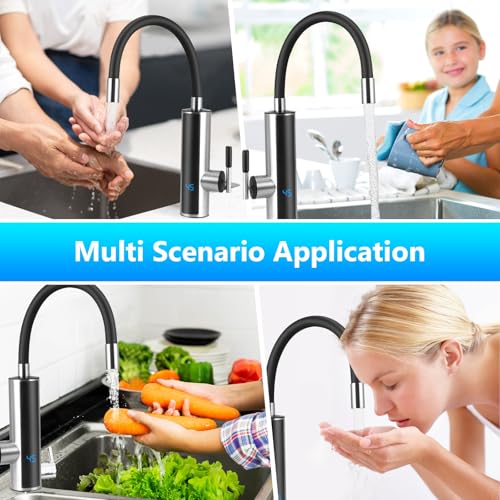 Wasserhahn mit Durchlauferhitzer Küche, 230V 3000W Sofortiger Warm Elektrischer Wasserhahn mit LED Temperaturanzeige und Flexibler Auslauf, 360º Drehung, für Küche, Bad, Wohnwagen, Schwarz