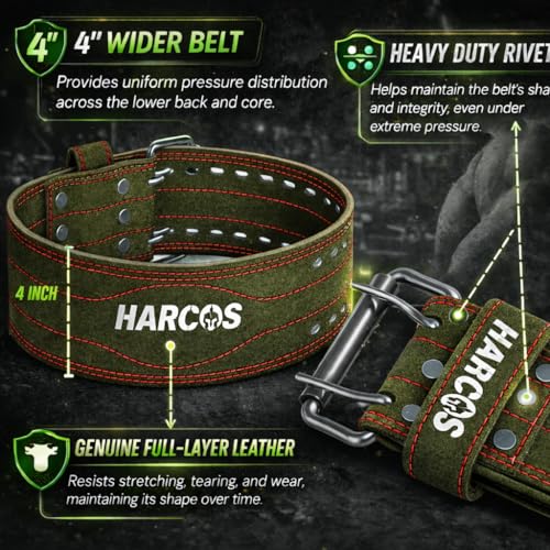 Image of Harcos Leather Weightlifting Gym Belt for Men & Women with Prone Buckle | Back Support Belt for Lifting, Squats, Deadlifts, Powerlifting & Strength Training | Adjustable Waist Workout Gym United states power lifting association & IPL Approved (Army-Green, S)
