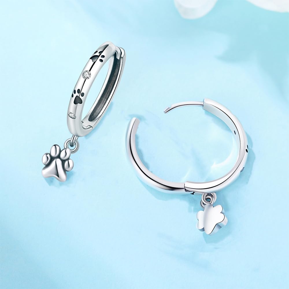 Cute Cat Paw Print Huggie Hoop Earrings for Women Dainty Sterling Silver Plated Charm Earring with CZ Delicate Cartilage Cuff Drop Dangle Jewelry for Pet Lovers Valentine Fashion Accessories - Image 3