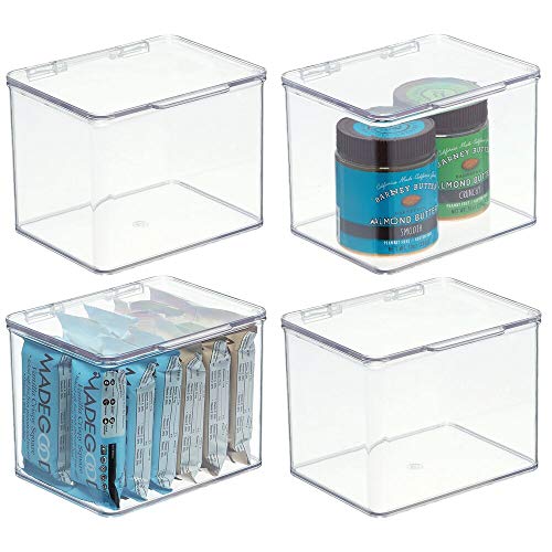 mDesign Organizador de cocina – Cajas apilables de almacenamiento para despensa y estantes de cocina – Organizador de nevera de plástico sin BPA y con tapa abatible – Juego de 4 – transparente
