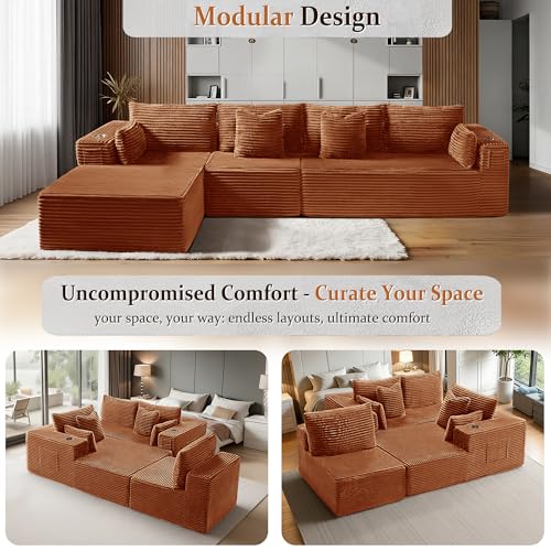Image of 138 inch Cloud Sectional Couch, Comfort L Shaped Boneless Couch for Living Room, Extra Deep Seats No Assembly, Minimalist Modular Sofa, Corduroy (Deep Orange, 3 Seater+Right Facing Chaise)