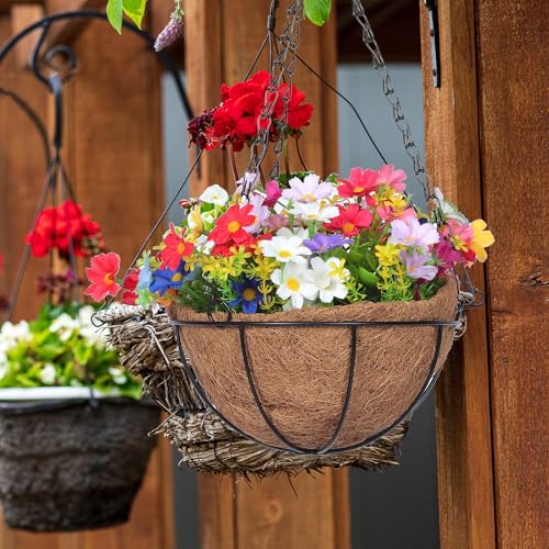 Cesta colgante de hierro artificiales flores para decoración exterior casa 7