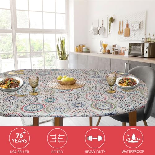 Covers For The Home Deluxe Elastic Edged Flannel Backed Vinyl Fitted Table Cover - Multi-Color Geometric Medallion Pattern - Round Oblong Oval - Fits Tables up to 48
