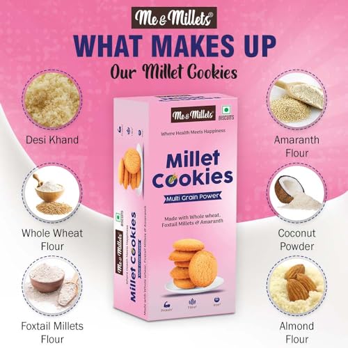 Image of ME & MILLETS Combo Multimillets Savoury & Multigrain Power Cookies (75g X 2) Delicious Millets Biscuits, Rich In Fiber & Protein, Healthy Tea Snack (Jain Friendly)