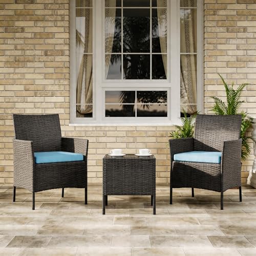 Image of GAOMON 3-Piece Patio Furniture Set, Modern PE Rattan Conversation Set with 2 Chairs & Tempered Glass Coffee Table, All-Weather Outdoor Seating for Garden, Porch, Balcony, Poolside, Blue