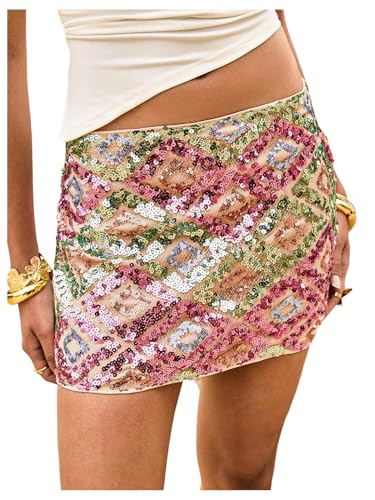 Floerns Women's Contrast Sequin High Waist Shining Party Bodycon Mini Skirt