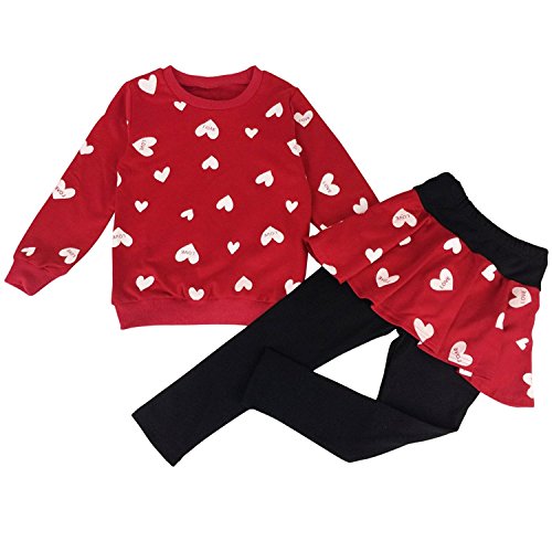 Image of DDSOL Little Girls Clothing Set Outfit Heart Print Sweatshirt Top + Long Pantskirts 2pcs Baby Pant Set for Toddlers and Kids
