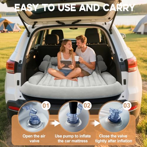 AearKing Auto Matratze, Aufblasbare Luftmatratze Auto mit 2 Kissen & Luftpumpe, SUV Luftmatratze Kofferraum, Doppelseitige Verdickte Beflockung Automatratzen Kofferraum Kombi für Reisen Camping