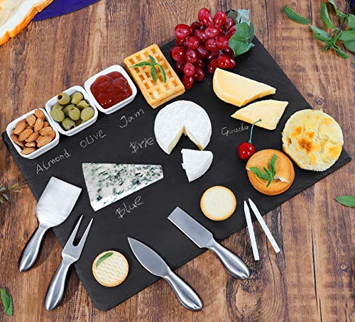 Large Slate Cheese Board and Knife Set, 7 piece w/ FREE 3 Ceramic bowls, Cheese Platter Slate Board, Cheese Serving Board, 4 Stainless Steel Knives, 2 Soap Stone Chalks, 16" X 12" (7 Piece + 3)