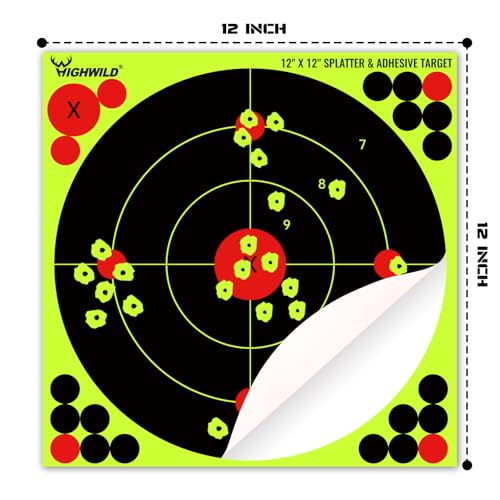 highwild 12x12 inch splatter adhesive bullseye fluorescent yellow shooting target stickers - suitable for handguns rifles bb guns airsoft pellet guns