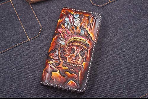 Men's 3D Genuine Leather Wallet, Long Wallet, Biker Wallet, Hand-Carved, Hand-Painted, Leather Carving, Custom Wallet, Personalized Wallet, Indian Skull And Masked Wrestler, Wwe #TOP7