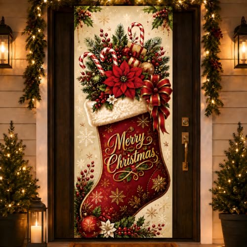 Image of Christmas Decorations - Merry Christmas Stocking Candy Cane Door Cover