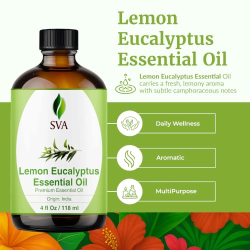 Image of SVA Lemon Eucalyptus Essential Oil 4 Fl Oz - for Diffuser, Skin & Hair Care - Ideal for Massage & DIY Blends - with Dropper