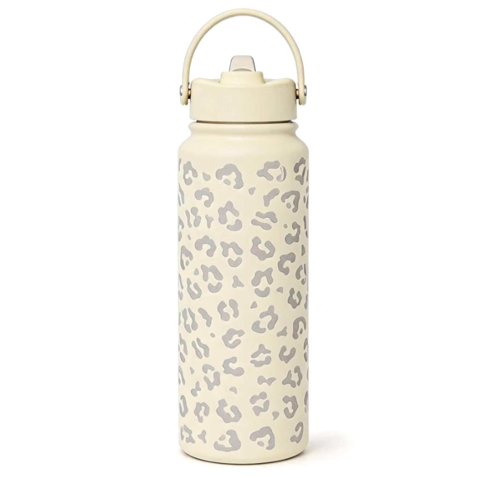 Bryxora Insulated Water Bottle with Straw Lid (800ml) - 24 Hours Cold - Iced for 48 Hours - Leakproof - BPA Free - Easy to Carry - Vacuum Insulated Double Walled Stainless Steel Flask (Cream Leopard)