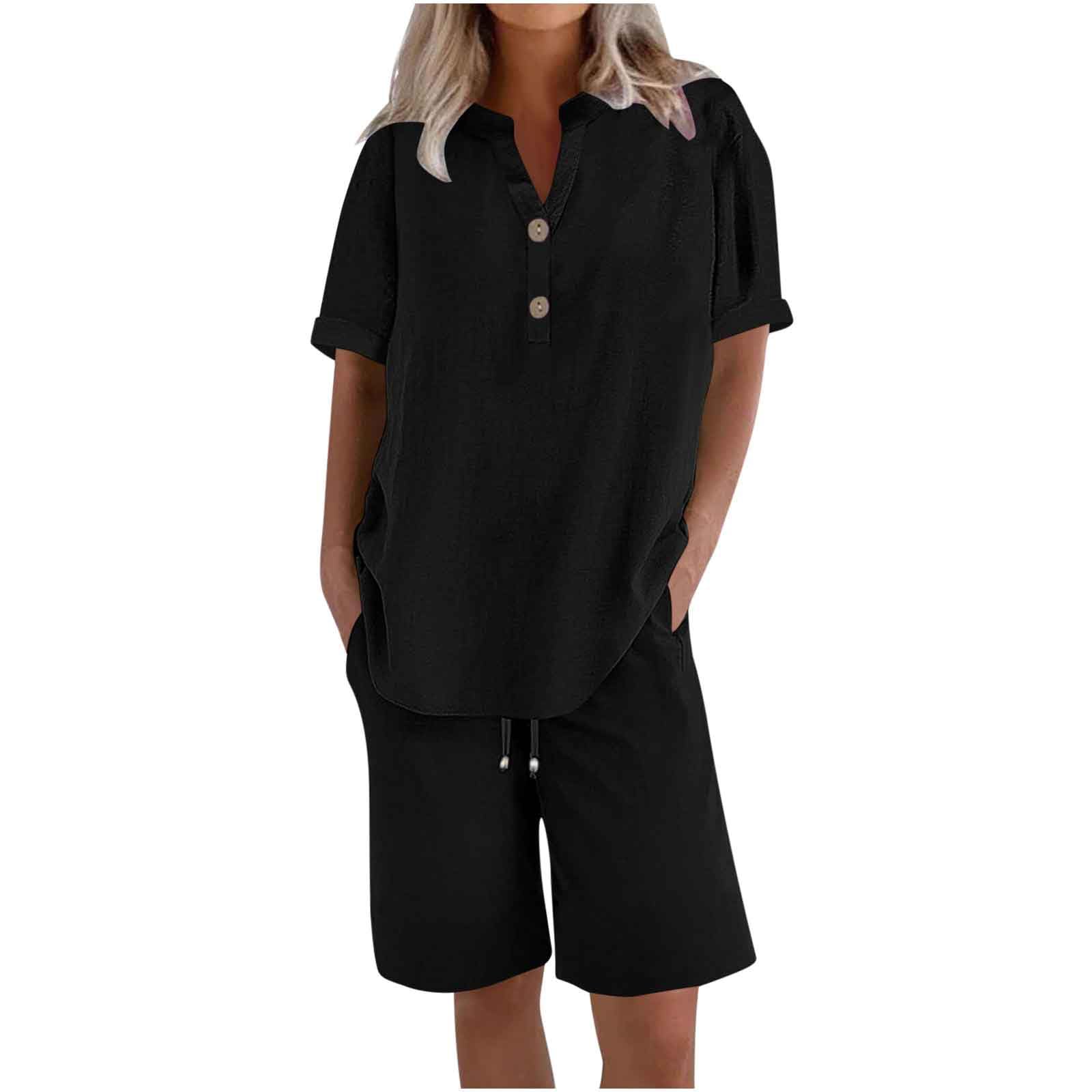 RLEHJN Zweiteiler Damen,Leinen Outfits Sommer Zweiteilige Freizeitanzug Baumwolle Leicht Hosenanzug Lose Kurzarm Tshirt und Shorts Tracksuit mit Taschen Jogginganzug Einfarbig 2-Teilige Sportanzug
