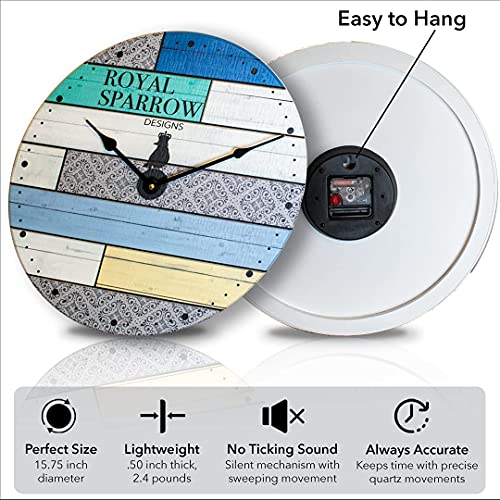 Royal Sparrow Designs Large Wall Clock 16 Inch- Coastal Farmhouse Chic Kitchen Decor Silent Battery Operated (16" Coastal Time) #TOP3