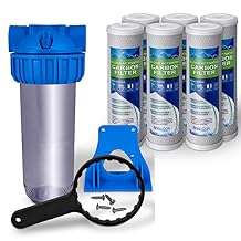 10 Inches Transparent Standard Whole House Water Filter System Presser Relief Valve, 3/4 Inlet/Outlet Brass Port & 6 Block Activated Carbon Coconut Shell Water Filter Cartridge