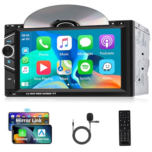Double Din Touchscreen Car Stereo with CD/DVD Player CarPlay Android Auto, 6.2 Inch Car Radio Steering Wheel Control Bluetooth Mirror Link USB/TF/AUX FM Radio + Backup Camera