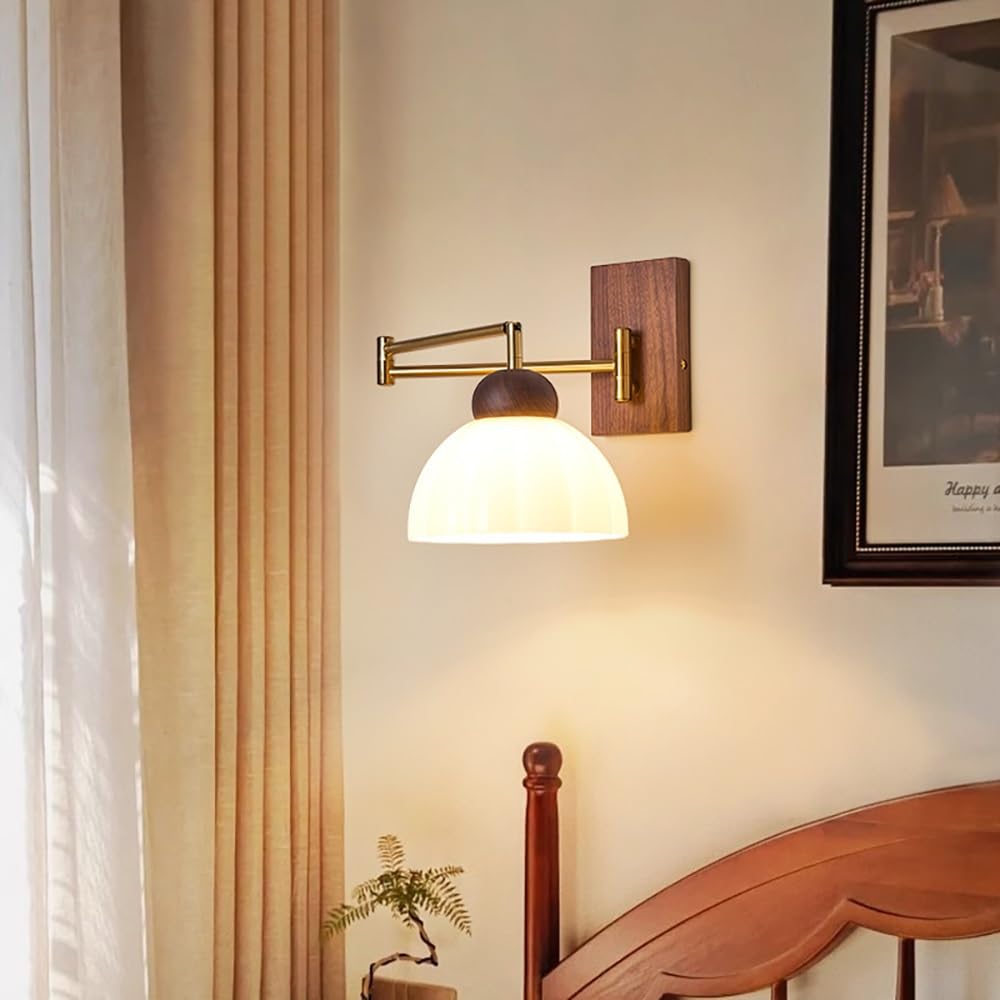 Lampy Ścienna Ramię Obrotowe Vintage Szklana Kopuła, Kinkiet Podstawa Drewno Styl Rustykalny Regulowany Oświetlenie Ścienne Sypialnia(18cm/7.08in)