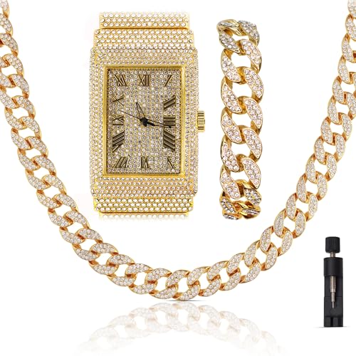 Montre rectangulaire 50 mm à maillons cubains avec collier et bracelet homme