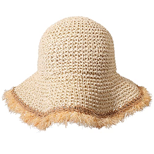 Boderier Womens Straw Hat Beach Sun Hat Floppy Frayed Crochet Foldable Straw Bucket Hat Summer Beach Accessories Beige thumb #3